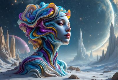The primary subject of the image is a woman with a colorful, artistic hairstyle. She is the main focus of the image, and her unique hairstyle is the center of attention. The setting is a snowy landscape, with a backdrop of a night sky. The visual style of the image is digital art, as it appears to be a digital illustration or painting. The colors and mood of the image are vibrant and lively, with the woman's hair being the main source of color and energy